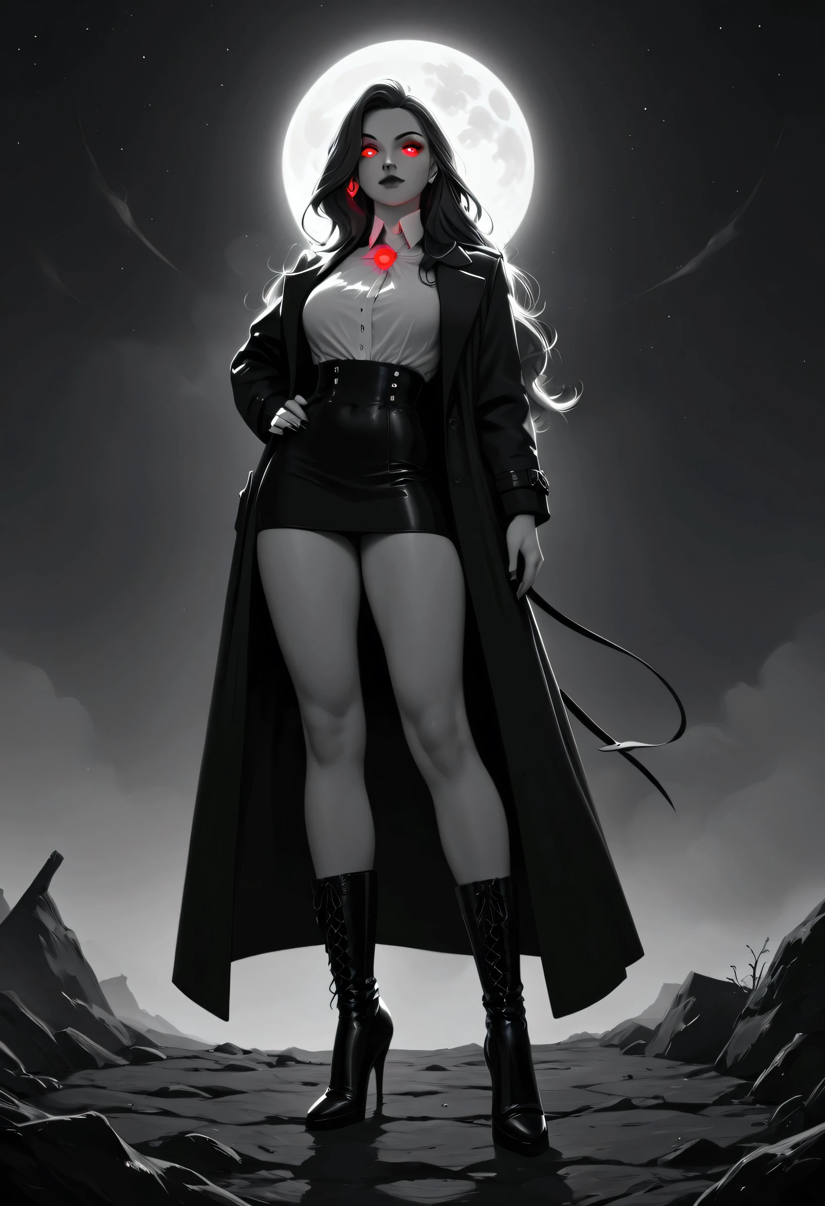 score_9, score_8_up, score_7_up, score_6_up, score_5_up, score_4_up, (black and white art: 1.5) mostly black and white, of a female vampire in the night, red glowing eyes, wearing white bottom shirt, short skirt, wearing high heeled boots, wearing black trench coat, flowing trench coat, it is night time, moon light. moon rays, 