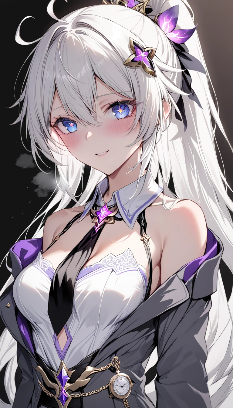 score_9, score_8_up, score_7_up, masterpiece, best quality, very aesthetic, absurdres, 1girl, kiana kaslana \(honkai impact 3rd\), herrscher of finality, white hair, very long hair, ahoge, high ponytail, hair ornament, blue eyes, star-shaped pupils, symbol-shaped pupils, medium breast, blush, seductive smile, heavy breathing, vintage-inspired tailored outfit, oversized charcoal-gray blazer draped loosely, crisp white button-up shirt with sharp collar, black silk ribbon necktie, white glove, high-waisted pleated trousers in dark charcoal, decorative gold suspender clips with ornate engravings, subtle pocket watch chain peeking from waistline, minimalist and formal silhouette, poised and clean-cut aesthetic, black background, simple background