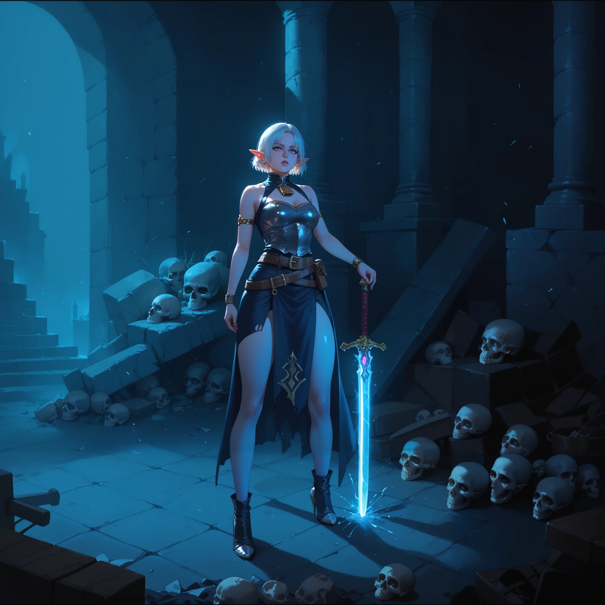  girl alone girl warrior,  in a damn dress with belts , the sword is stuck in the ground, The Sword Shines, magic, skull, world, ruin, lock, room,  Elf, swordsman , magic effects ,  short hair, world, armor, solo, alone in a room