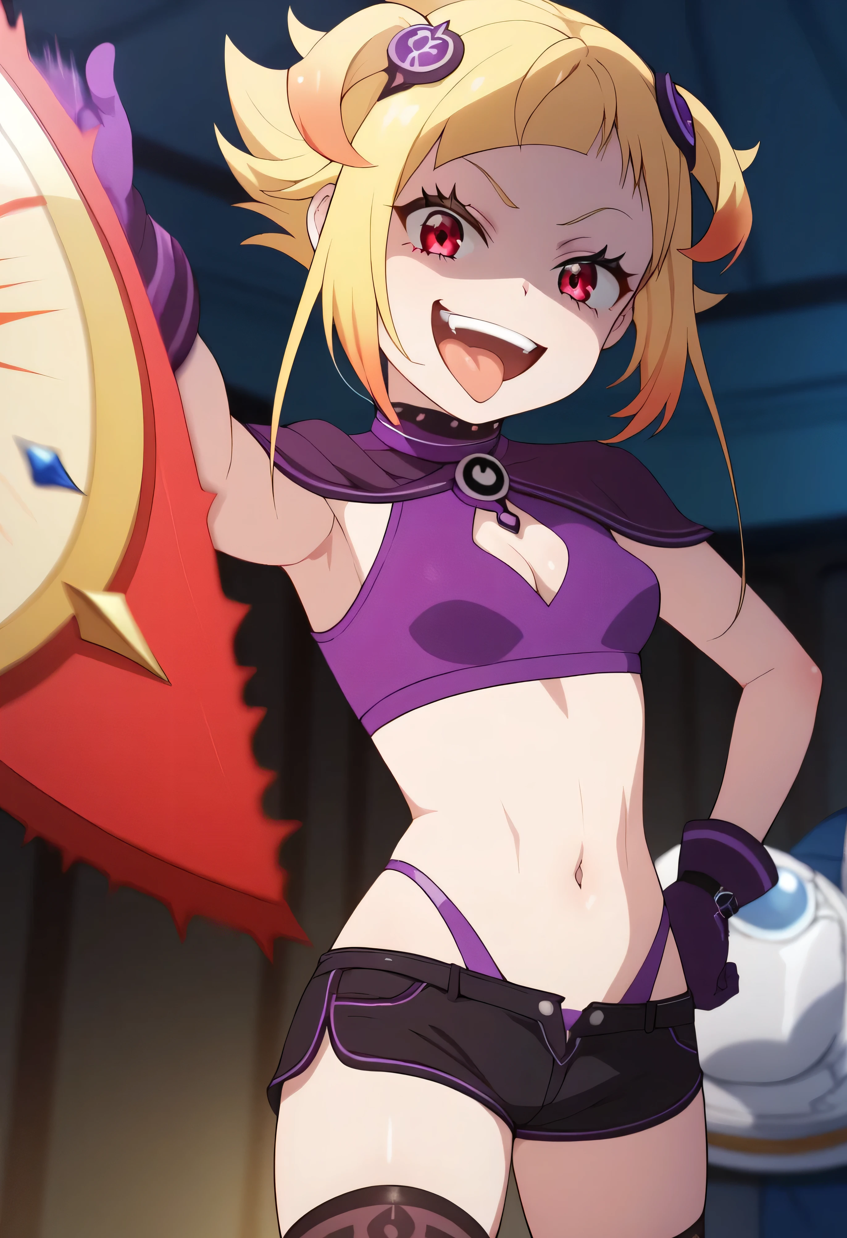 masterpiece, best quality, good quality, newest, CEL, AnFit, red eyes, blonde hair, purple crop top, 1girl, tongue out, black thighhighs, looking at viewer, purple gloves, cowboy shot, short shorts, black shorts, small breasts, highleg panties, hair ornament, , underwear, hand up, panty straps, smile, cleavage cutout, , open mouth, purple panties, two-tone , pink gloves, sidelocks, outline1girl, blonde hair,masterpiece , best quality, , lookin under, ,, smile, purple brassiere, from below,too evil laugh, small girl,small ,beautiful body,villain pose,short hair,shaded face(eyes in shadow),1girl,violence,attack,kick,evil darkness background,five fingers,