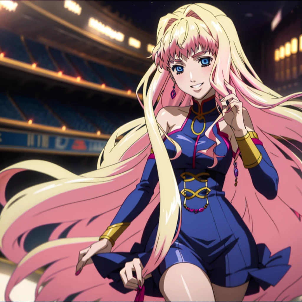 (anime:1.1), highest quality, masterpiece, One girl, Sheryl Nome, Multicolored Hair, Blonde Hair, Pink Hair, Gradient Hair Long Hair, blue eyes, Mature Woman,  View Viewer, smile