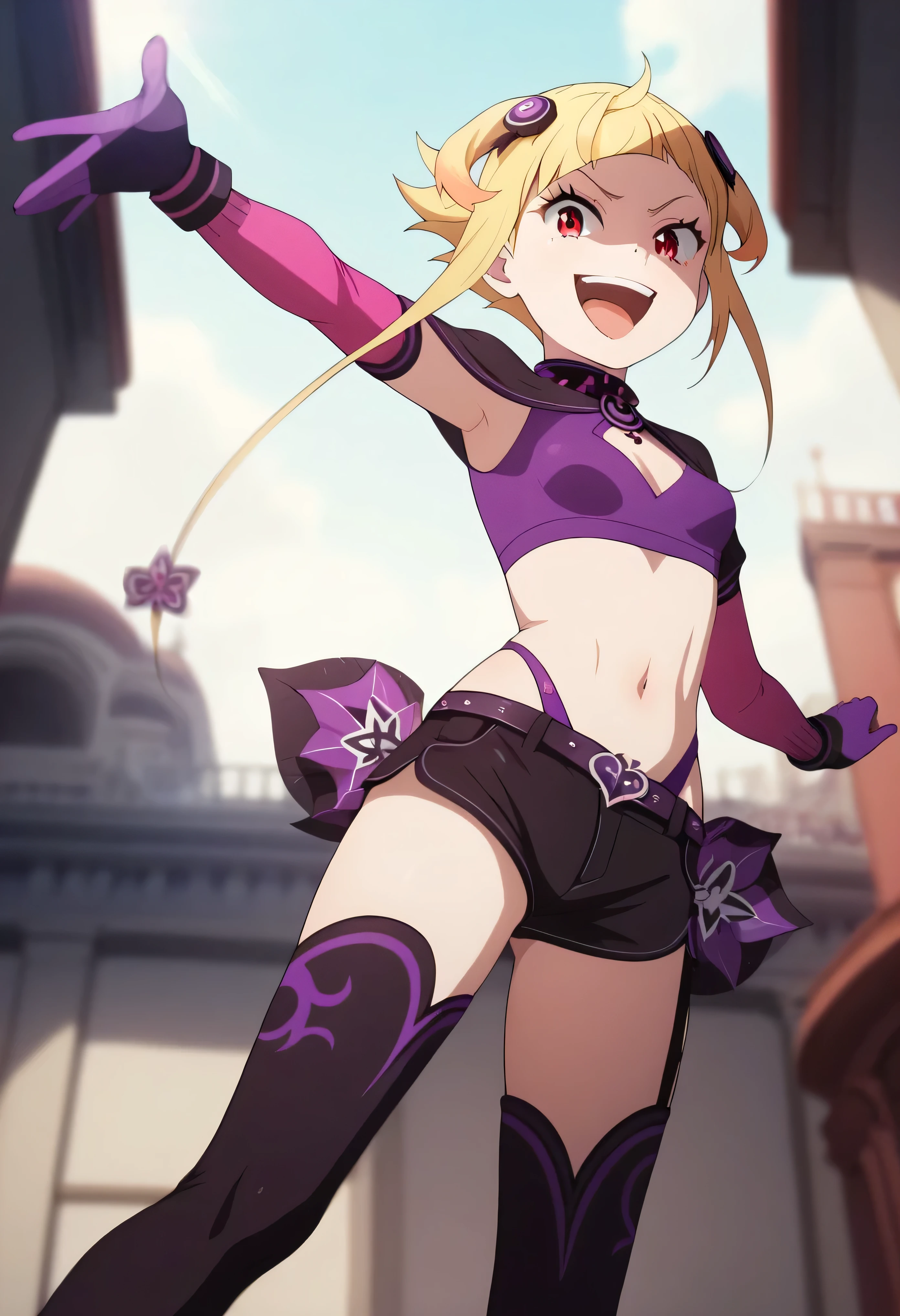 masterpiece, best quality, good quality, newest, CEL, AnFit, red eyes, blonde hair, purple crop top, 1girl, tongue out, black thighhighs, looking at viewer, purple gloves, cowboy shot, short shorts, black shorts, small breasts, highleg panties, hair ornament, , underwear, hand up, panty straps, smile, cleavage cutout, , open mouth, purple panties, two-tone , pink gloves, sidelocks, outline1girl, blonde hair,masterpiece , best quality, , lookin under, ,, smile, purple brassiere, from below,too evil laugh, ,small loliul body,villain pose,short hair,shaded face(eyes in shadow),1girl,violence,attack,kick,evil darkness background,five fingers,