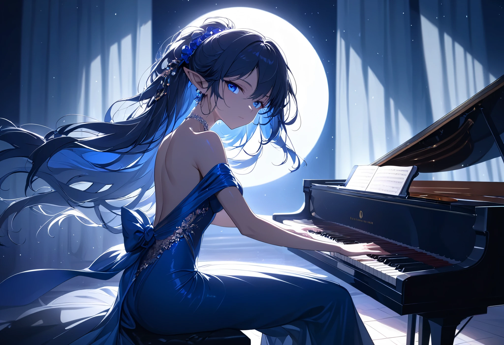 ((Best quality, 8k, Masterpiece: 1.3)), Sharp focus A beautiful woman with perfect body, Highly detailed face and skin texture, (Detailed eyes), dark blue hair, tied hair, jewelry, pointy ears, cinematic lighting, backlighting, pianist, grand piano, playing piano, Playing Beethoven's "Moonlight", concert venue, Evening gown, dress, Silk costume, Solo Performance, Quiet atmosphere, moonlight pouring in through the window, at night