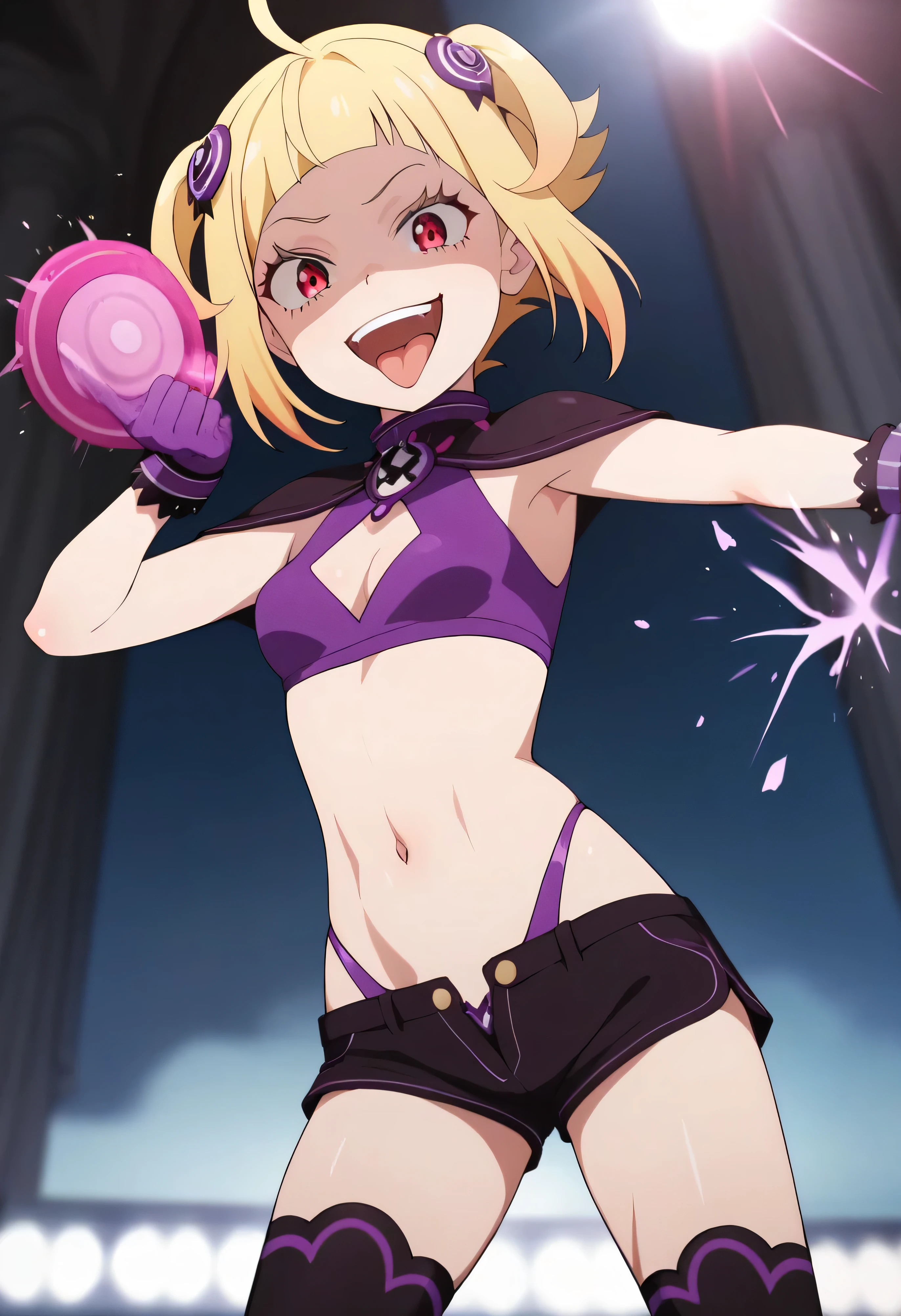 masterpiece, best quality, good quality, newest, CEL, AnFit, red eyes, blonde hair, purple crop top, 1girl, tongue out, black thighhighs, looking at viewer, purple gloves, cowboy shot, short shorts, black shorts, small breasts, highleg panties, hair ornament, , underwear, hand up, panty straps, smile, cleavage cutout, , open mouth, purple panties, two-tone , pink gloves, sidelocks, outline1girl, blonde hair,masterpiece , best quality, , lookin under, ,, smile, purple brassiere, from below,too evil laugh, ,small loliul body,villain pose,short hair,shaded face(eyes in shadow),1girl,violence,attack,kick,evil darkness background,five fingers,