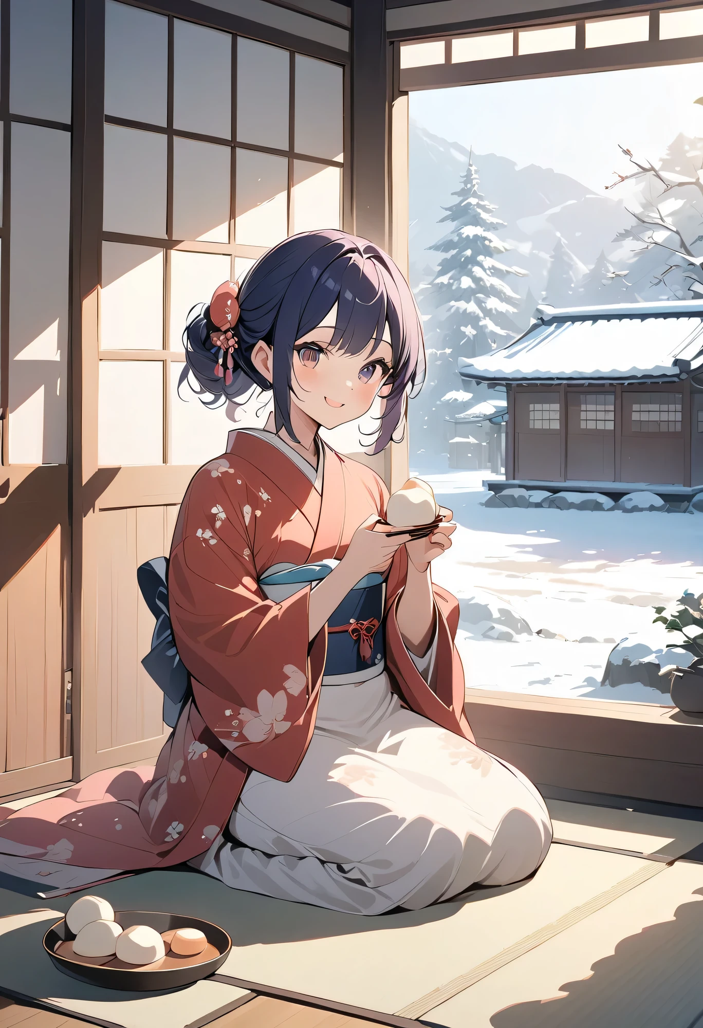  top quality 、 high res、( high image quality:1.2)、masterpiece、 detailed background、Realistic、 RAW photos 、
New Year's decorations are lined up in a warm Japanese-style room in winter 、 A girl in a kimono is sitting in front of kagamimochi and eating mochi with a smile 、 holding chopsticks in her hand and slightly stretched mochi hanging from the tips of the chopsticks 、 In the background, shoji and a snowy landscape seen from the veranda spread out, creating a peaceful and warm atmosphere、 cute