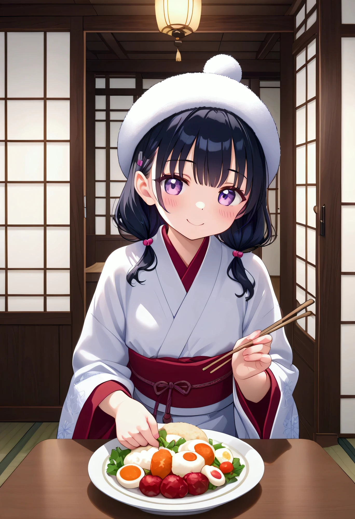  top quality 、 high res、( high image quality:1.2)、masterpiece、 detailed background、Realistic、 RAW photos 、
New Year's decorations are lined up in a warm Japanese-style room in winter 、 A girl in a kimono is sitting in front of kagamimochi and eating mochi with a smile 、 holding chopsticks in her hand and slightly stretched mochi hanging from the tips of the chopsticks 、 In the background, shoji and a snowy landscape seen from the veranda spread out, creating a peaceful and warm atmosphere、 cute