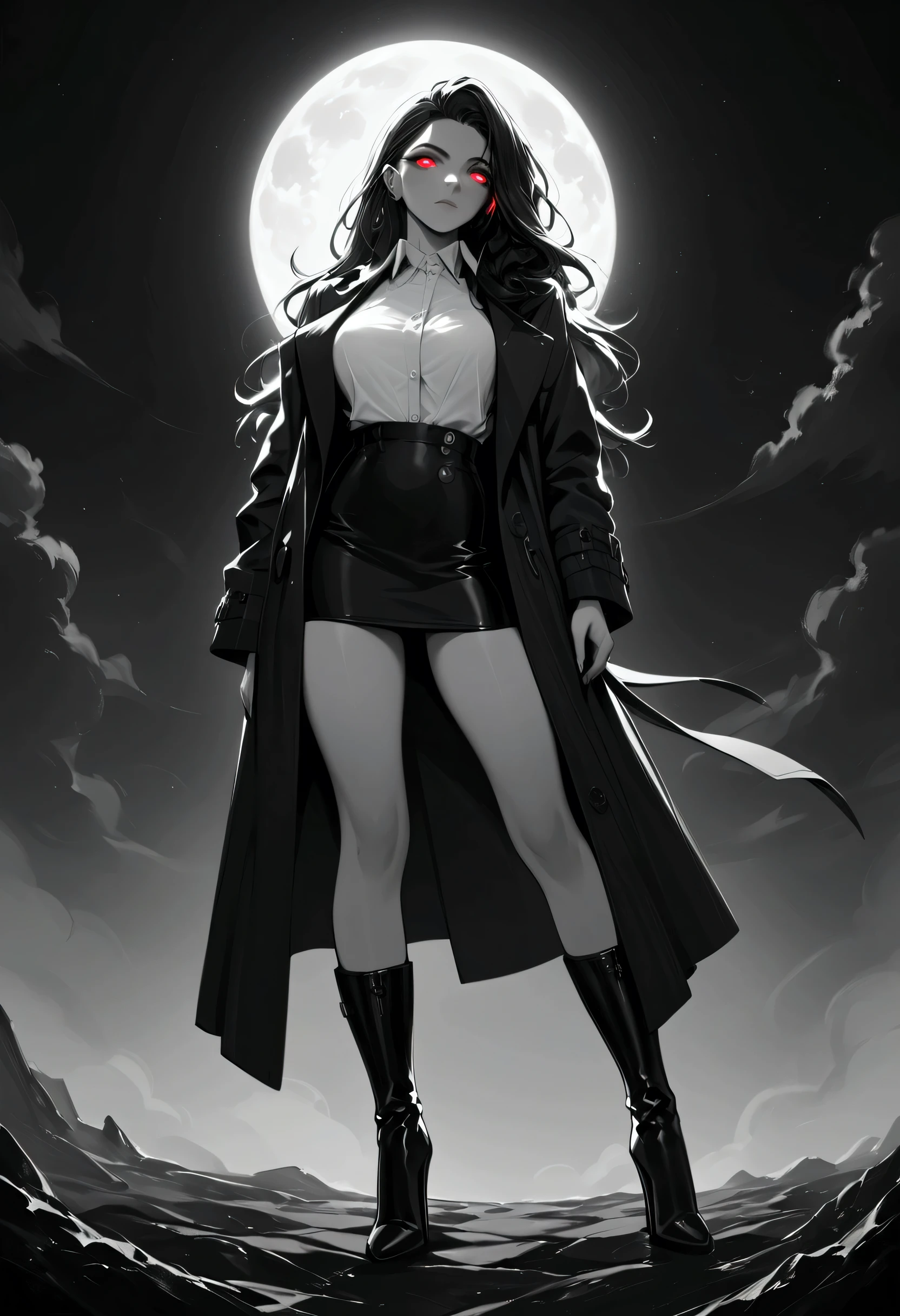 score_9, score_8_up, score_7_up, score_6_up, score_5_up, score_4_up, (black and white art: 1.5) mostly black and white, of a female vampire in the night, red glowing eyes, wearing white bottom shirt, short skirt, wearing high heeled boots, wearing black trench coat, flowing trench coat, it is night time, moon light. moon rays, 