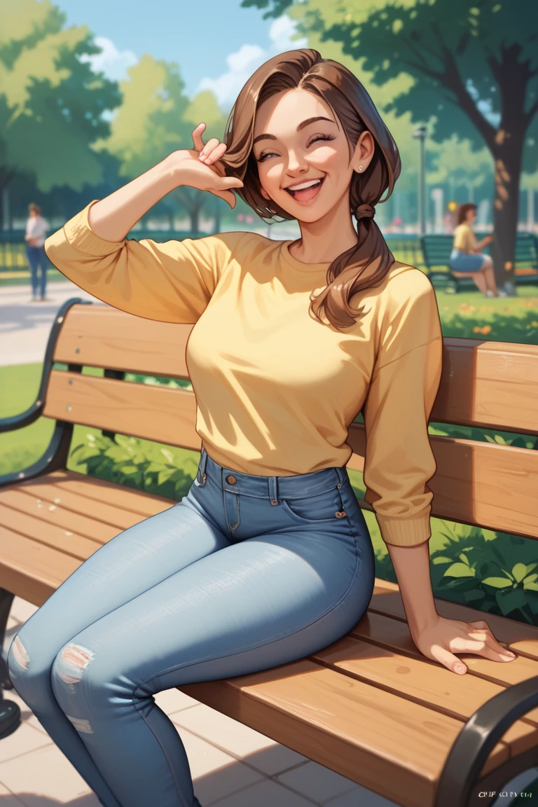 a cartoon drawing of a woman in a yellow shirt and black shorts, Stronger pose , (sfw)  safe for work, posture of arms in jugs , full body portrait of a !, detailed and exquisite fanart , Hands behind her body posing !, thighs!!!, thighs!!!!!!,  pretty face with arms and legs , , female protagonist 👀 :8, legs and arms