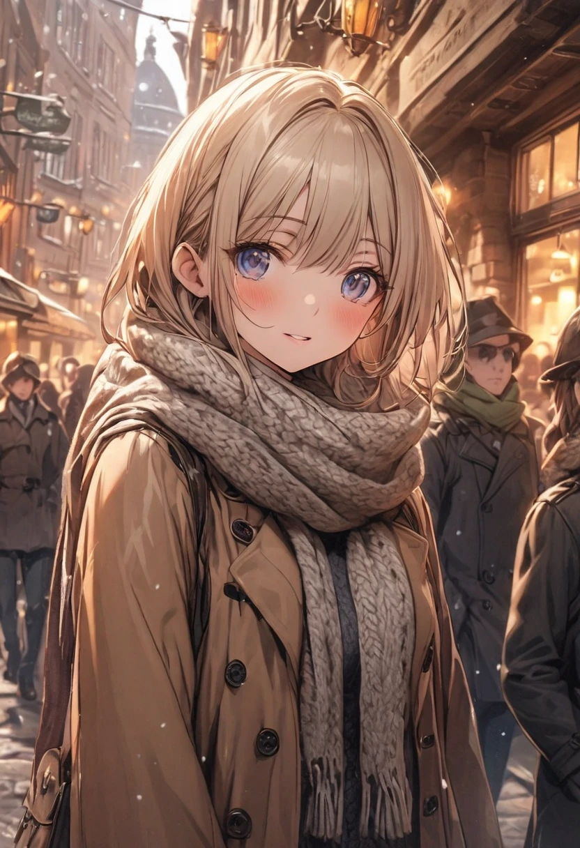 Snowy Town、 crowds、girl in trench coat and scarf,Waiting for a boyfriend who is late