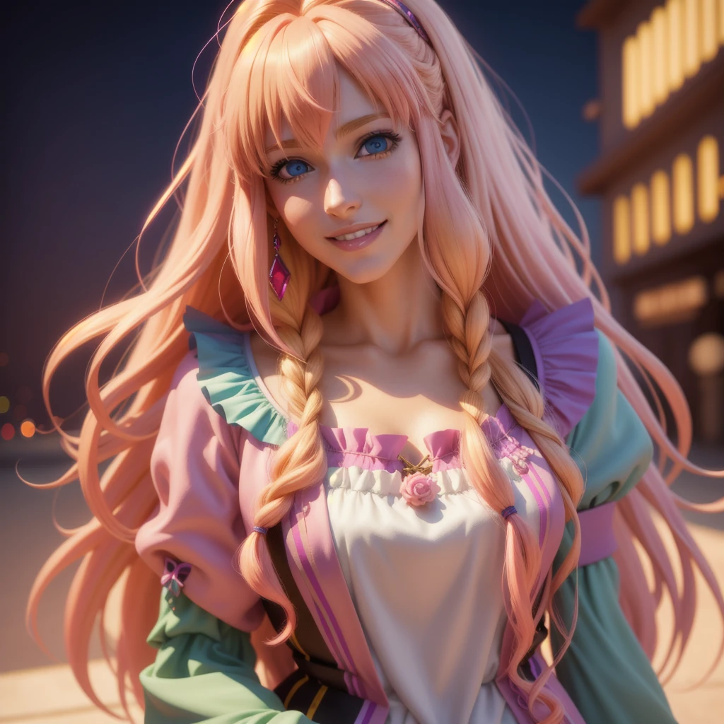 (anime:1.1), highest quality, masterpiece, One girl, Sheryl Nome, Multicolored Hair, Blonde Hair, Pink Hair, Gradient Hair Long Hair, blue eyes, Mature Woman,  View Viewer, smile. masterpiece, realistic 3d render, incredible details