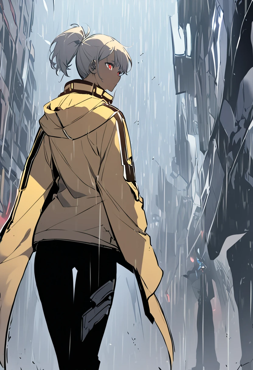 Midly Muscular darkskin woman in futuristic fantasy clothes, white short hair with red highlight in a ponytail, red eyes, black tight tank-top under a black and yellow tight jacket, black cargo pant, intricate pencil sketch, expressive eyes and nose and mouth, un-zoom, highly detailed,, stood alone with his back turned halfway in the rain, with lightning all around him at night.