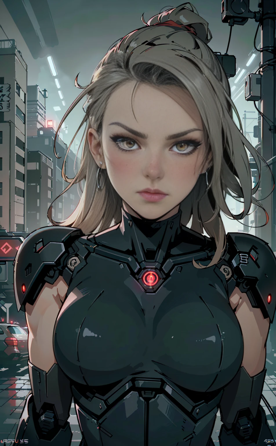 (best quality,ultra-detailed,realistic:1.37),woman cyborg,red eyes,evil,anime,huge ,sleek metallic body,expressionless face,glowing circuits,enormous energy blade,mechanical limbs,dystopian city backdrop,neon lights reflection,dark and ominous atmosphere