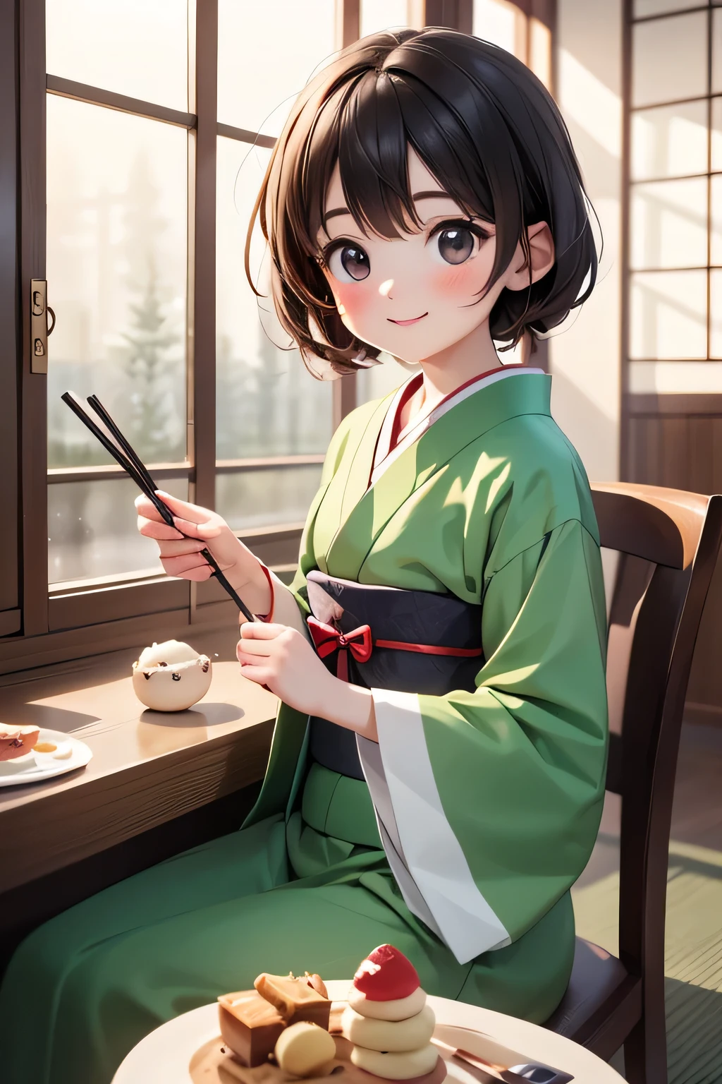  top quality 、 high res、( high image quality:1.2)、masterpiece、 detailed background、New Year's decorations are lined up in a warm Japanese-style room in winter 、 A girl in a kimono is sitting in front of kagamimochi and eating mochi with a smile 、 holding chopsticks in her hand and slightly stretched mochi hanging from the tips of the chopsticks 、 In the background, shoji and a snowy landscape seen from the veranda spread out, creating a peaceful and warm atmosphere、 cute