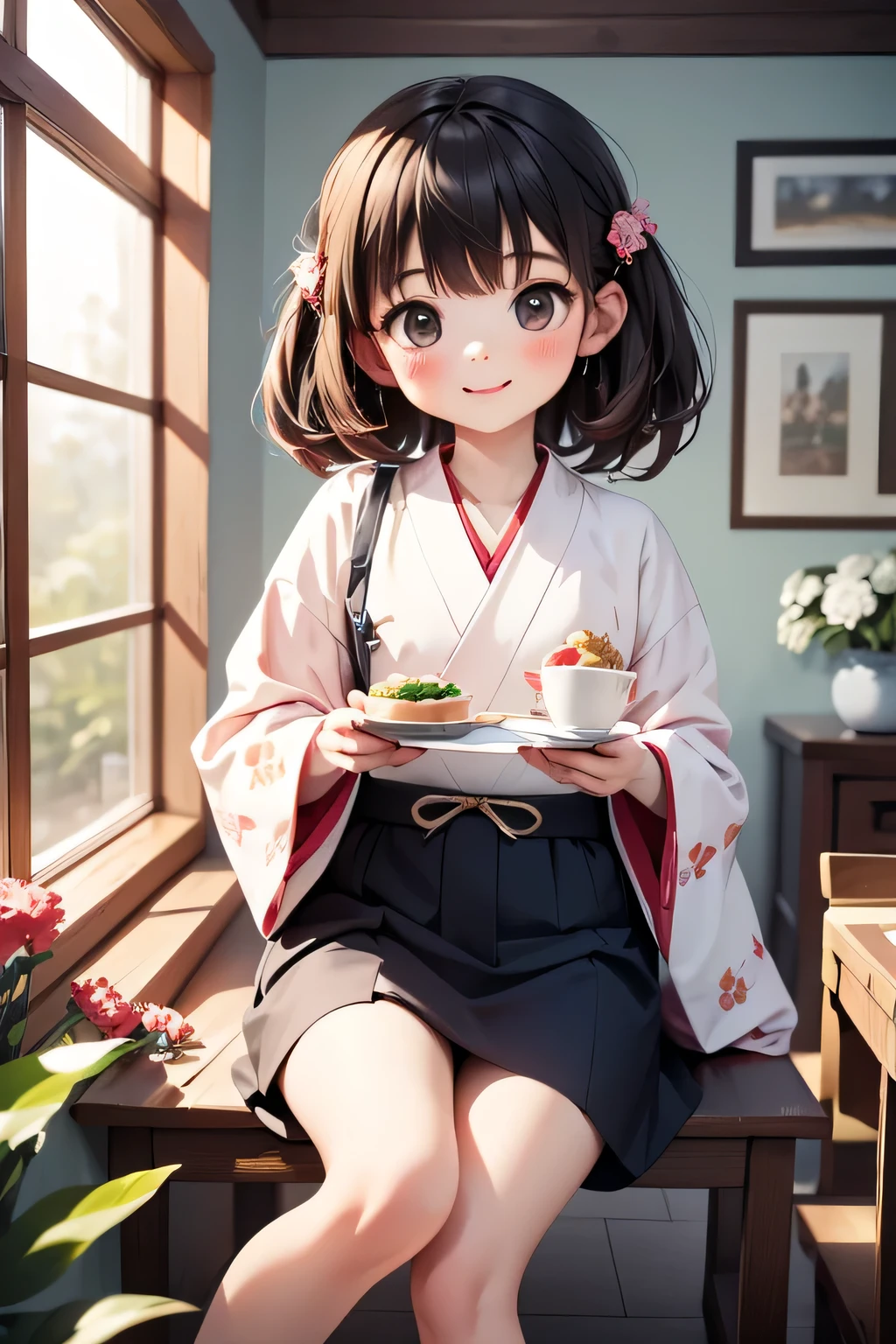  top quality 、 high res、( high image quality:1.2)、masterpiece、 detailed background、New Year's decorations are lined up in a warm Japanese-style room in winter 、 A girl in a kimono is sitting in front of kagamimochi and eating mochi with a smile 、 holding chopsticks in her hand and slightly stretched mochi hanging from the tips of the chopsticks 、 In the background, shoji and a snowy landscape seen from the veranda spread out, creating a peaceful and warm atmosphere、 cute