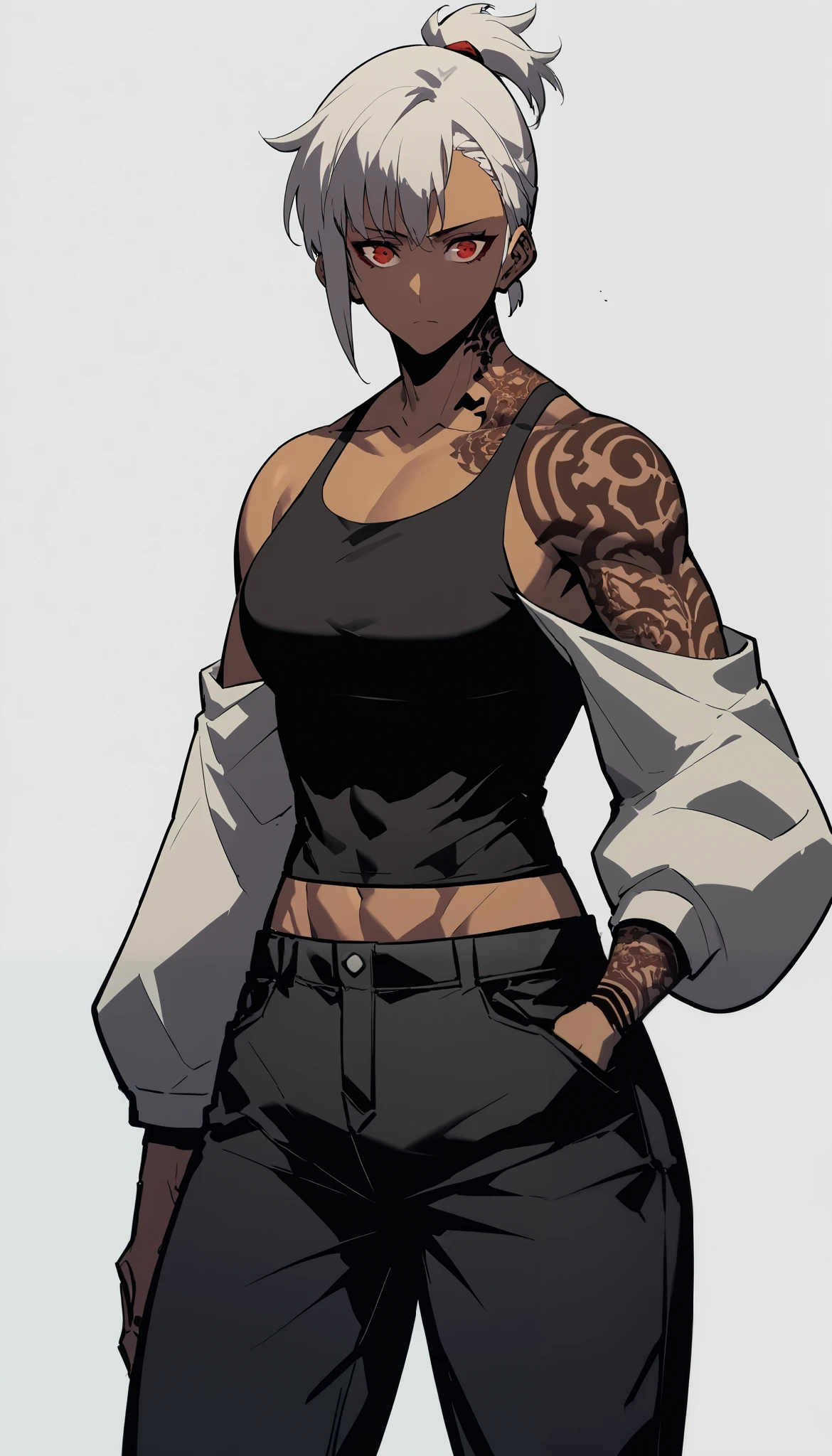 Midly Muscular darkskin woman in futuristic fantasy clothes, white short hair with red highlight in a ponytail, red eyes, black tight tank-top, japanese tattoo on her arms , black cargo pant, intricate pencil sketch, expressive eyes and nose and mouth, un-zoom, highly detailed, Dynamic pose, one hand in her pocket, white background