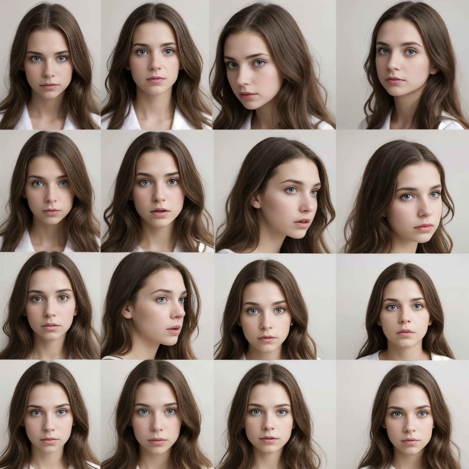 Portrait of a shocked 18 year old preppie teen girl . Bow in hair. Blonde hair.  grid of her face, Each frame features her face in various poses: some angled for a profile view, while others are straight-on frontal shots