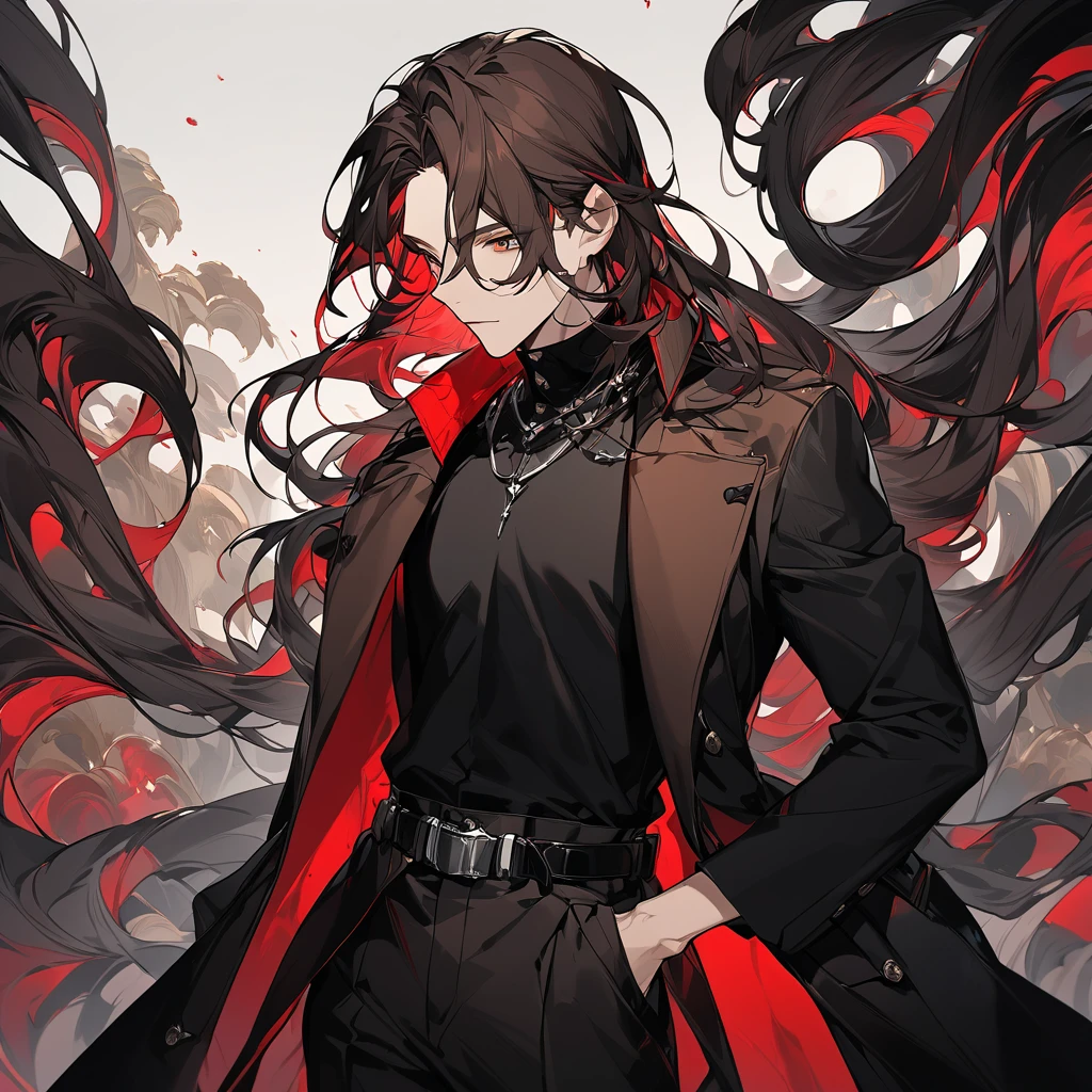 Create an artwork of a male human character with long hair blending deep red and dark brown colors. His skin should have a rich, dark brown tone. He wears a long overcoat, black on the outside and with a blood-red lining. Under the overcoat, he wears a fitted black shirt with a high collar that covers part of his neck. His pants are slim-cut and have a black leather belt with a silver buckle. He wears a large, tarnished silver ring with a pulsating red stone set in the center. He wears it on the ring finger of his right hand. The character should exude a sense of confidence and charisma. The artwork should focus on smooth, detailed lines, capturing the texture of his hair and the fabric of his clothing. The background should be minimalistic to ensure the character stands out prominently."