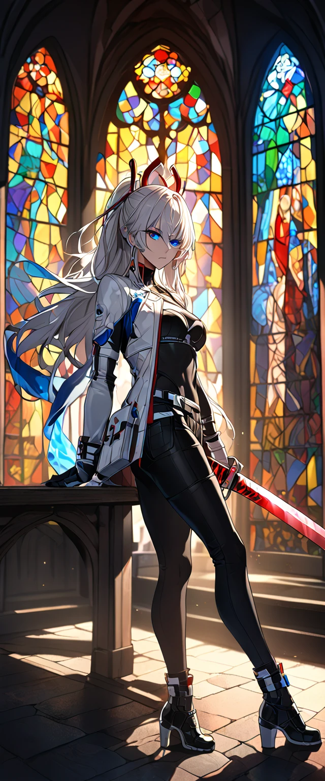 ((heterochromia,  blue flaming eye )) (((double coulored eyes))) solo, white hair, red ribbon, headgear, ponytail, gradient hair, white coa, red eyes, blue eyes, white coat,bra arm, bandaged arm BREAK detailed shading, black pants, single pantsleg, gothic church background, full body visible , social media composition siting on the bench, perspective, masterpiece, accurate, anatomically correct, textured skin, super detail, high details, high quality, best quality, highres, 16k, HD, UHD, unaestheticXL_bp5, (negative_v2 Color_Balance_Calibration:0.8), (SuperQuality:1.0) ~ (SuperQuality:1.2), AissistXLv2, badhandv4, elegance, same as v1.0, sheathed, katana, energy sword, glowing, unsheathing, stained glass wings ((dark surroundings church, with stained glass in the background, colorful dark lights going through the stained glass, dramatic chiaroscuro lighting,  light and shadow by reij-snrs))