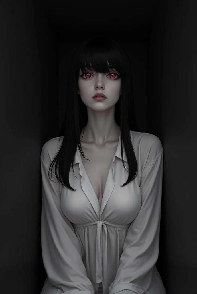 score_9, score_8_up, score_7_up, BREAK by mossacannibalis, Masterpiece, 1girl, torso shot, black hair, long hair, ghost girl, white skin, white oversized shirt, cleavage, medium breasts, arms hanging to the sides, saggy breasts, dark room, red shiny eyes, neutral expression, hair covering one eye, dark circle under eye