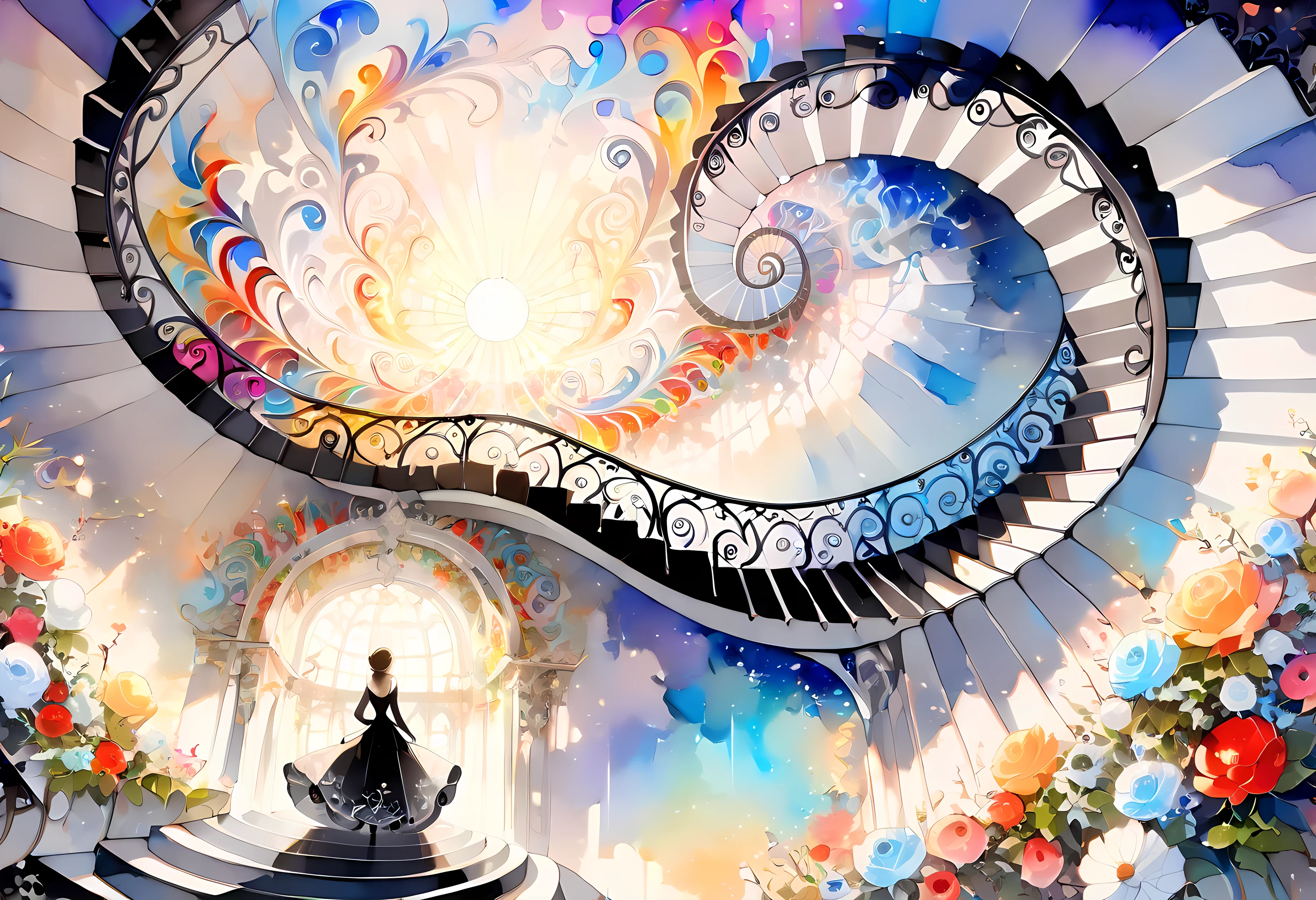 (((An elaborate watercolor painting depicting a beautiful black-and-white spiral staircase leading from paradise))),(((Soul Love ))),(( top quality ,masterpiece:1.5)),(( sacred)),((Dazzling light)),( Large Coloured Photons :1.5),( pearl white ),(Perfect Anatomy),( Ultra High Quality ),( detailed background),(Artwork),(Great harmony ),(The 々 creatures you depict are beautiful),Desaturated:1.1, Rich Color Palette ,Beautiful and fantastic lighting, anime style,truth,joy,thank you,comfortable,fair,Elegance,Polite , true strength , full of vitality ,altruism,Beautiful,clean, soft,Here and now , Forget Time ,Unadorned ,fun,continuation