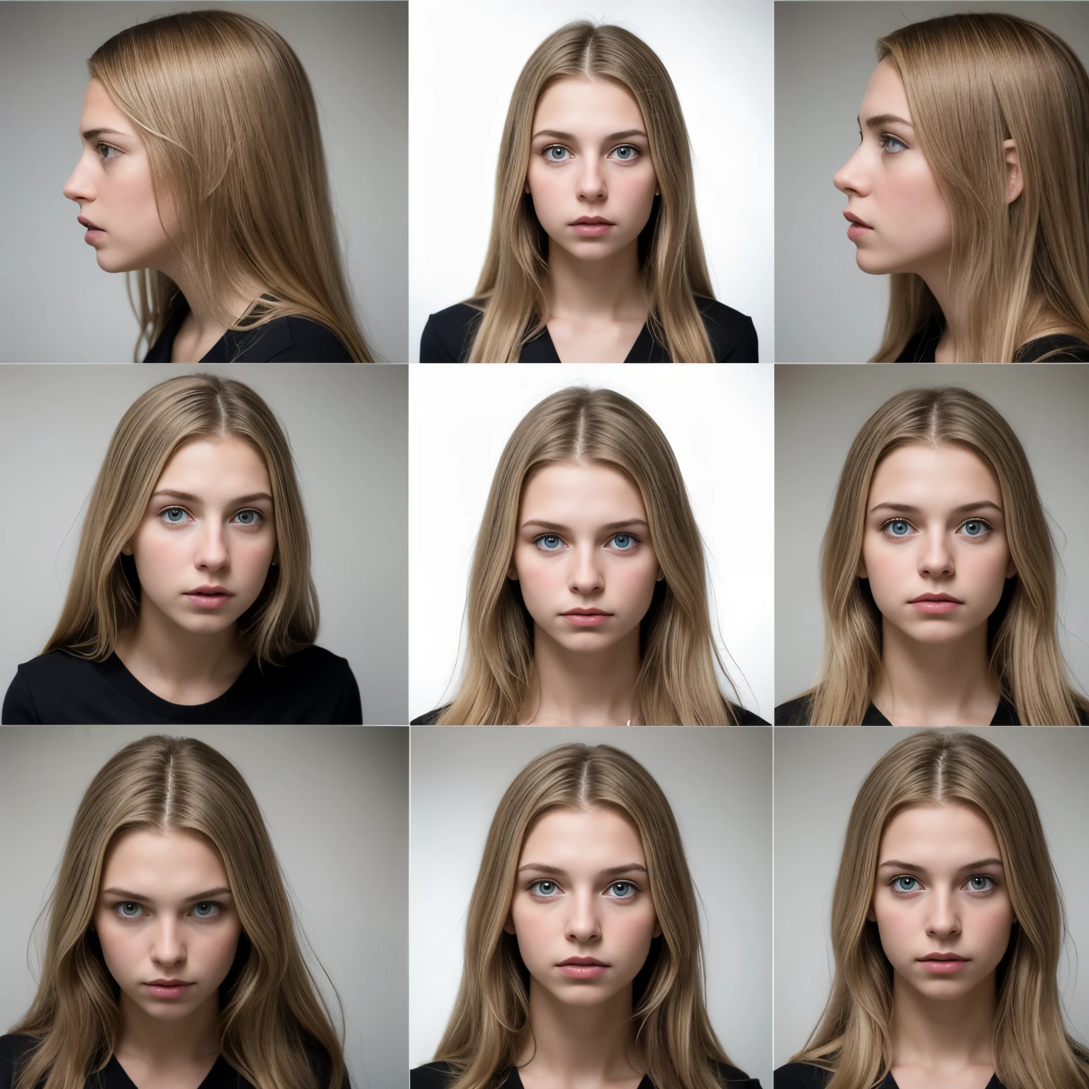 Portrait of a shocked 18 year old preppie teen girl . Bow in hair. Blonde hair.  grid of her face, Each frame features her face in various poses: some angled for a profile view, while others are straight-on frontal shots