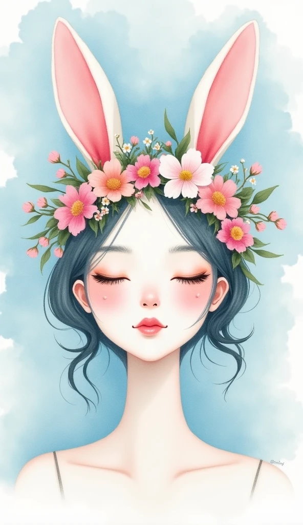 Water Color on paper
White, light pink and light Blue
They are like a beautiful lady face, have small rabbit ears and flower crown on head 