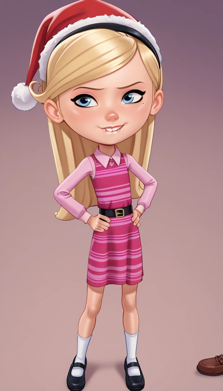 1girl, solo, full body, penny peterson, long hair, blue eyes, 3d, blonde hair, skirt, hairband, black hairband, white socks, dress, pink dress, long sleeves, Andystyle, Standing, Hands on hips, Lip Bite, wearing a Christmas Hat, raising her Right eyebrow, hips Shaking, ((School)), spread legs, 4k