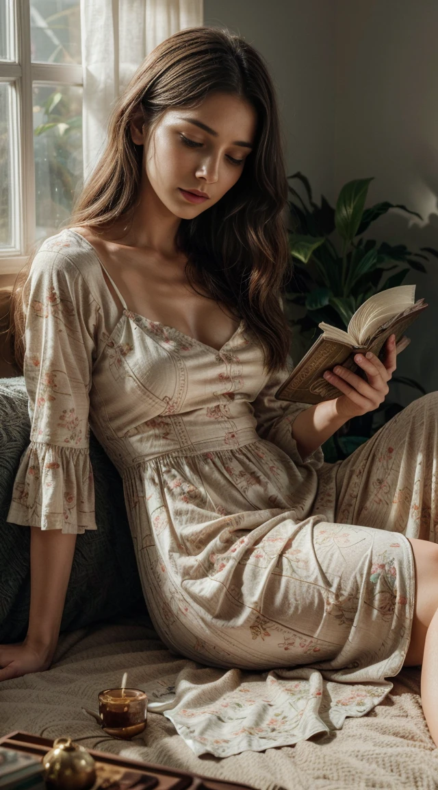 Generate an ultra-realistic image of a young woman in a bedroom setting, lying on a bed while reading a book titled 'Seja Foda'. She is wearing a long, flowy dress with brown floral patterns. Ensure the lighting is warm and natural, capturing the cozy and relaxing atmosphere of the room. The dress should have intricate details and realistic fabric textures. Her expression should be serene and focused as she reads the book. Pay close attention to realistic skin textures and lighting for a lifelike appearance.