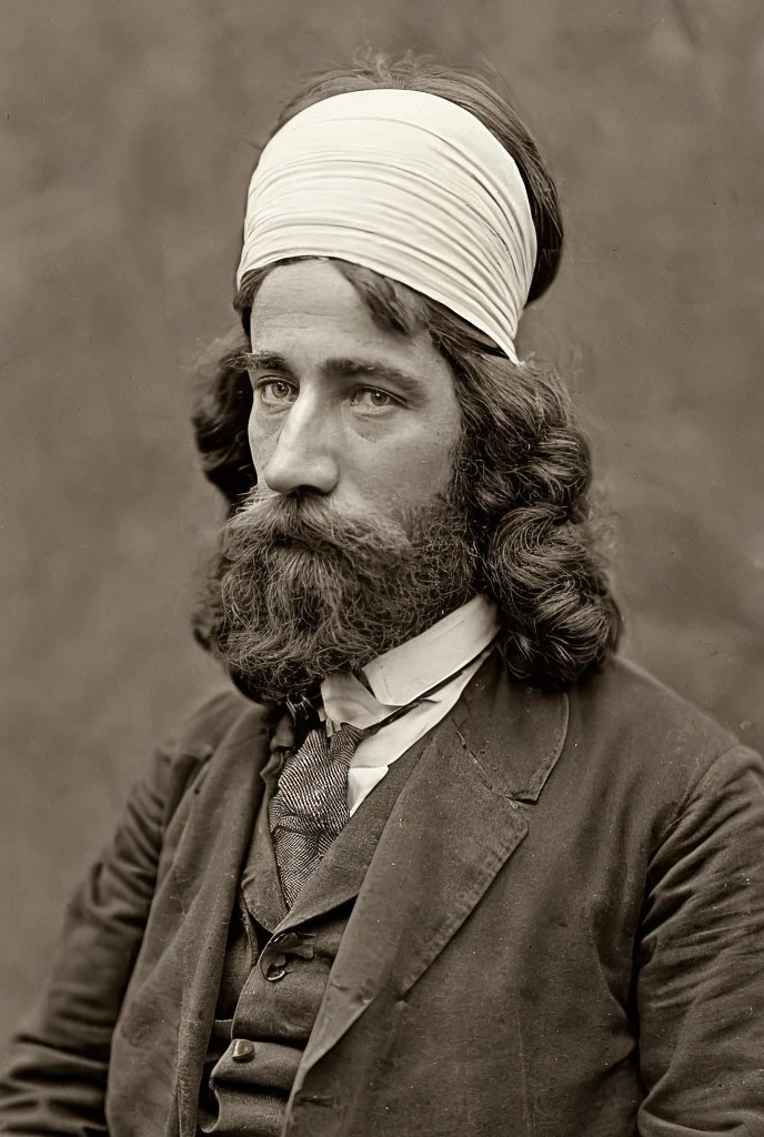 realistic black and white historical footage of a man with long hair and a bandaged eye in old pictures