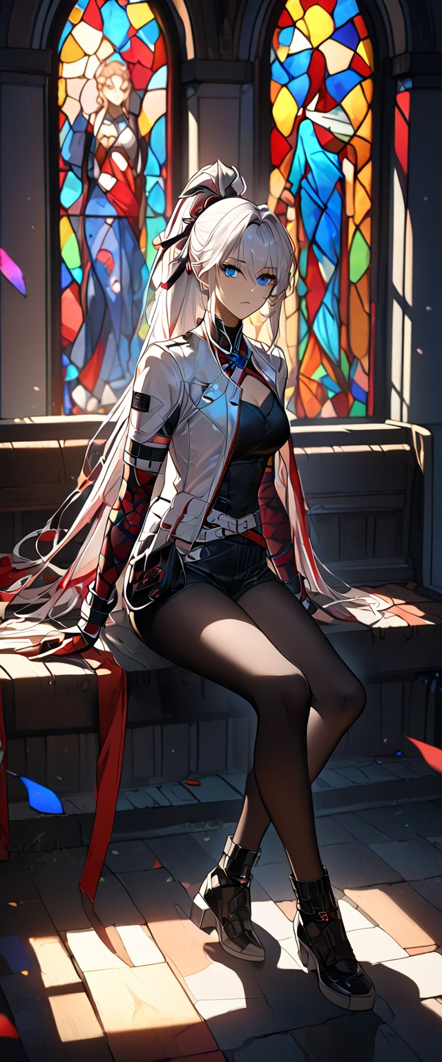 (( hair ornament, heterochromia, blue eyes, red eyes)) solo, white hair, red ribbon, headgear, ponytail, gradient hair, white coat,bra arm, bandaged arm BREAK detailed shading, black pants, single pantsleg, gothic church background, full body visible , social media composition siting on the bench, perspective, masterpiece, accurate, anatomically correct, textured skin, super detail, high details, high quality, best quality, highres, 16k, HD, UHD, unaestheticXL_bp5, (negative_v2 Color_Balance_Calibration:0.8), (SuperQuality:1.0) ~ (SuperQuality:1.2), AissistXLv2, badhandv4, elegance, same as v1.0, sheathed, katana ((dark surroundings church, with stained glass in the background, colorful dark lights going through the stained glass, dramatic chiaroscuro lighting,  light and shadow by reij-snrs))