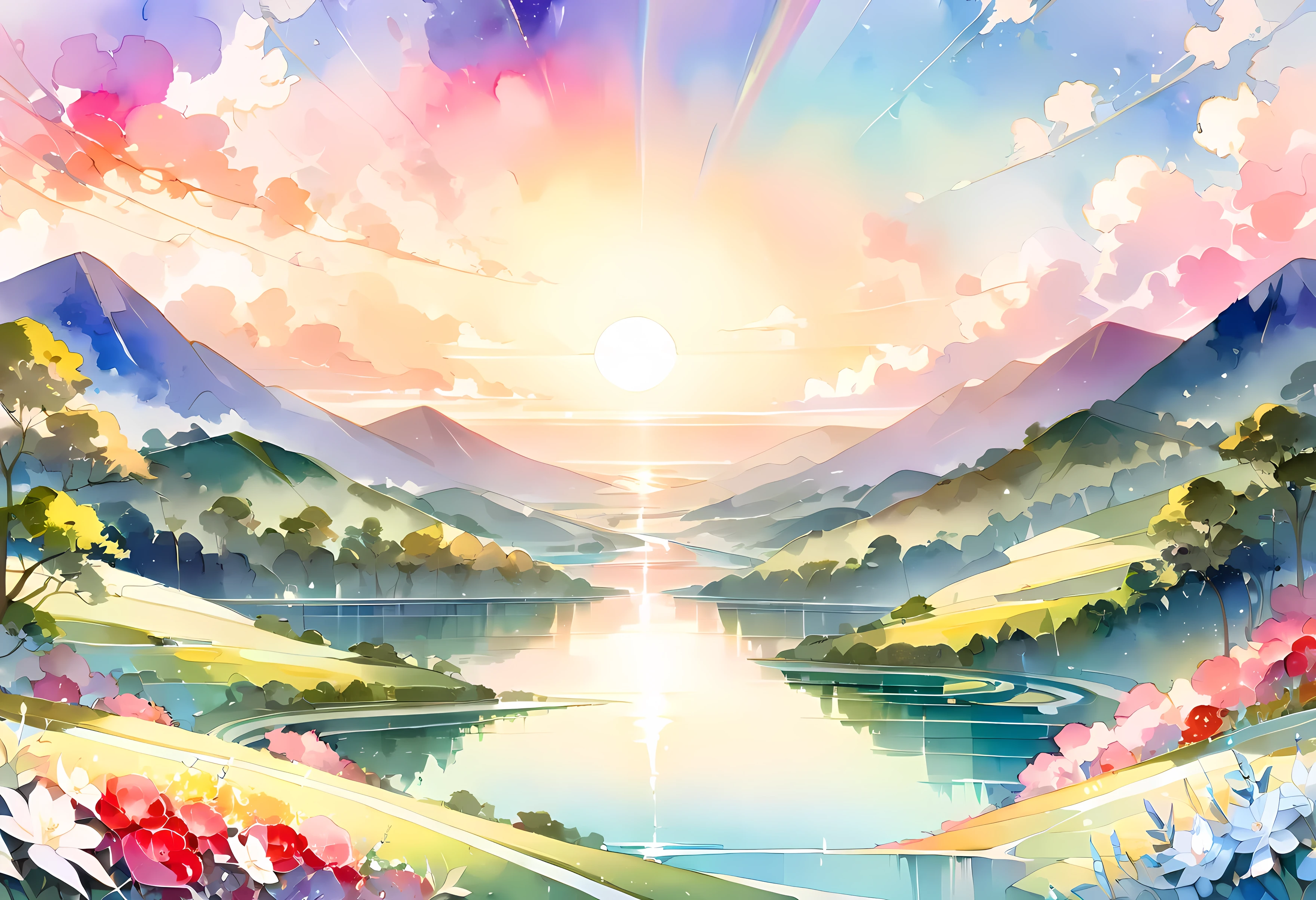 (((An elaborate watercolor painting depicting a beautiful landscape of a long, narrow strip rising from paradise))),(((Unconditional Love))),(( top quality ,masterpiece:1.5)),((Sacred Spirals ),((Dazzling light)),( Large Coloured Photons :1.5),( pearl white ),(Perfect Anatomy),( Ultra High Quality ),( detailed background),(Artwork),(Great harmony ),(The 々 creatures you depict are beautiful),Desaturated:1.1, Rich Color Palette ,Beautiful and fantastic lighting, anime style,truth,joy,thank you,comfortable,fair,Elegance,Polite , true strength , full of vitality ,altruism,Beautiful,clean, soft,Here and now , Forget Time ,Unadorned ,fun,continuation