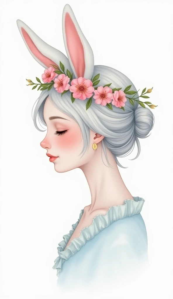 Water Color on paper
White, light pink and light Blue
They are like a beautiful lady face,turn side ways, have small rabbit ears and flower crown on head 