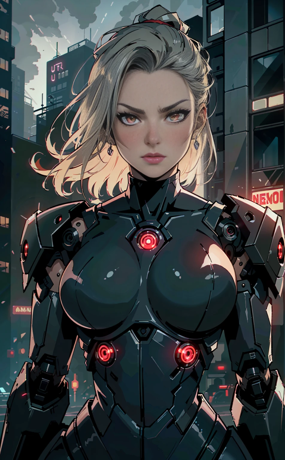 (best quality,ultra-detailed,realistic:1.37),woman cyborg,red eyes,evil,anime,huge ,sleek metallic body,expressionless face,glowing circuits,enormous energy blade,mechanical limbs,dystopian city backdrop,neon lights reflection,dark and ominous atmosphere