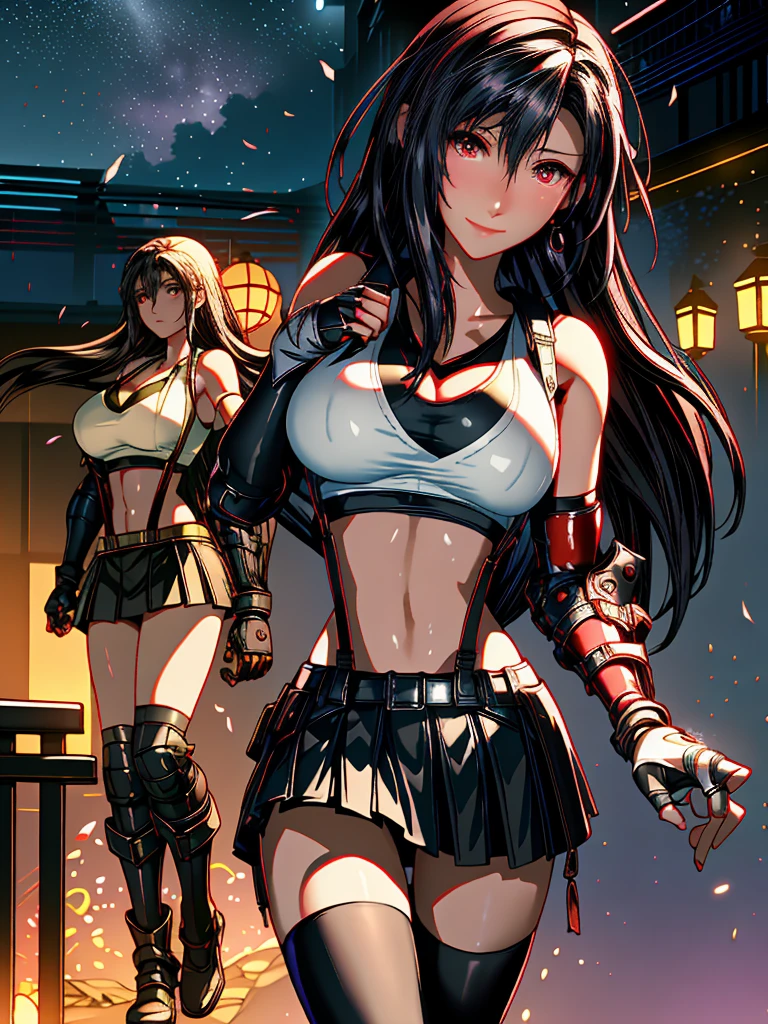 pureerosface_v1, ulzzang-6500, corneo_covering_breasts_one_arm, sexy pose, (8k, best quality, masterpiece:1.2), (realistic, photo-realistic:1.37), ultra-detailed,
1 girl,cute, solo, (tifa lockhart), (big breasts),(beautiful detailed eyes), (smile:1.2), (closed mouth), arms behind back,
neon lights, cityscape, depth of field, dark intense shadows, sharp focus, cars, motion blur, motor bikes, depth of field, good composition, green glowing light,
Final Fantasy VII, dating,(nose blush), single elbow pad, black hair, red shoes, muscular,abs,taut shirt,no bra,black skirt, thighhighs, full body, head rest, lips, pretty face, low-tied long hair, ((red_eyes)), yellow flowers, (night:1.3), intricate, bokeh, cinematic lighting, photon mapping, radiosity, physically-based rendering, (Tetsuya Nomura style)