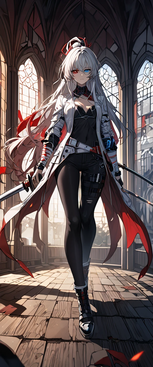 (((double coulored eyes)), hair ornament, heterochromia, blue eyes, red eyes, black sclera, blue flaming eye, solo, white hair, red ribbon, headgear, ponytail, gradient hair, (white coat),bra arm, bandaged arm BREAK detailed shading, black pants, single pantsleg, gothic church background, full body visible , social media composition siting on the bench, perspective, masterpiece, accurate, anatomically correct, textured skin, super detail, high details, high quality, best quality, highres, 16k, HD, UHD, unaestheticXL_bp5, (negative_v2 Color_Balance_Calibration:0.8), (SuperQuality:1.0) ~ (SuperQuality:1.2), AissistXLv2, badhandv4, elegance, same as v1.0, sheathed, katana (( sad, gloomy, melancholic, and somber atmosphere, memories of the past, a wide shot))