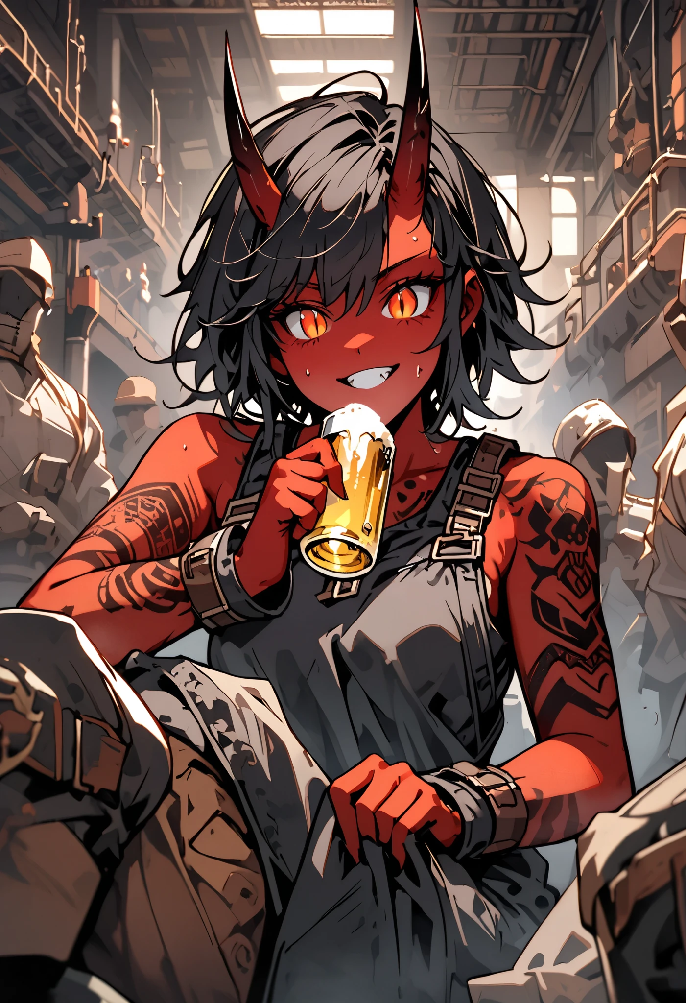 solo focus, female, oni, tomboy, attractive, close up, red skin, short black horns, orange eyes, slit pupils, short black hair, messy hair:0.3, snag tooth, black claws, tattoo, broad shoulders, stocky build, muscular, tight-fitting black tank top, working clothes, boots:0.3, factory, Victorian era, bar, drinking, beer, bulky body, dark, indoors, grimy, wiping sweat, bronze buckle, towel, exhaling, resting, wide smile, faceless crowd