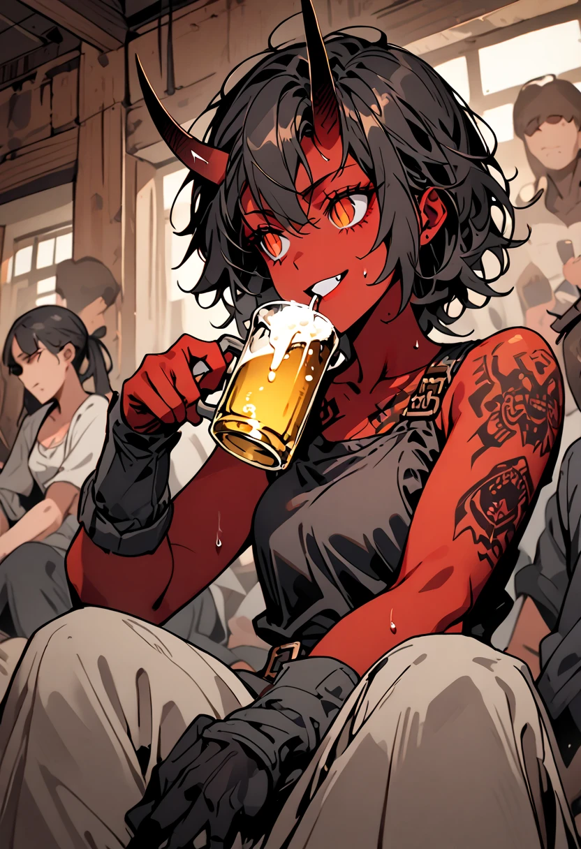 solo focus, female, oni, tomboy, attractive, close up, red skin, short black horns, orange eyes, slit pupils, short black hair, messy hair:0.3, snag tooth, black claws, tattoo, broad shoulders, stocky build, muscular, tight-fitting black tank top, working clothes, boots:0.3, Victorian era, bar, drinking, beer, bulky body, dark, indoors, grimy, wiping sweat, bronze buckle, towel, exhaling, resting, wide smile, faceless crowd