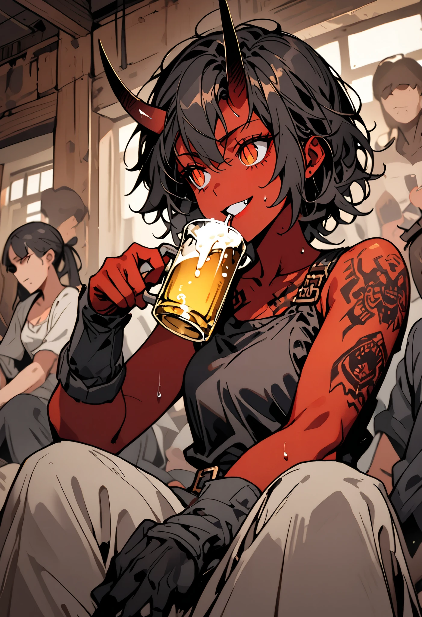 solo focus, female, oni, tomboy, attractive, close up, red skin, short black horns, orange eyes, slit pupils, short black hair, messy hair:0.3, snag tooth, black claws, tattoo, broad shoulders, stocky build, muscular, tight-fitting black tank top, working clothes, boots:0.3, Victorian era, bar, drinking, beer, bulky body, dark, indoors, grimy, wiping sweat, bronze buckle, towel, exhaling, resting, wide smile, faceless crowd