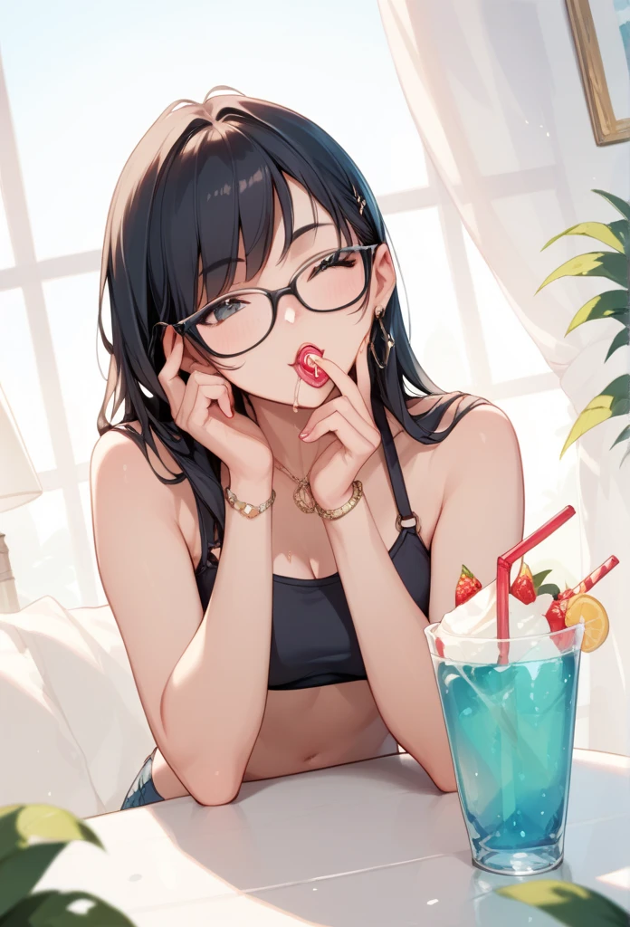 Black hair, glasses, drinking party