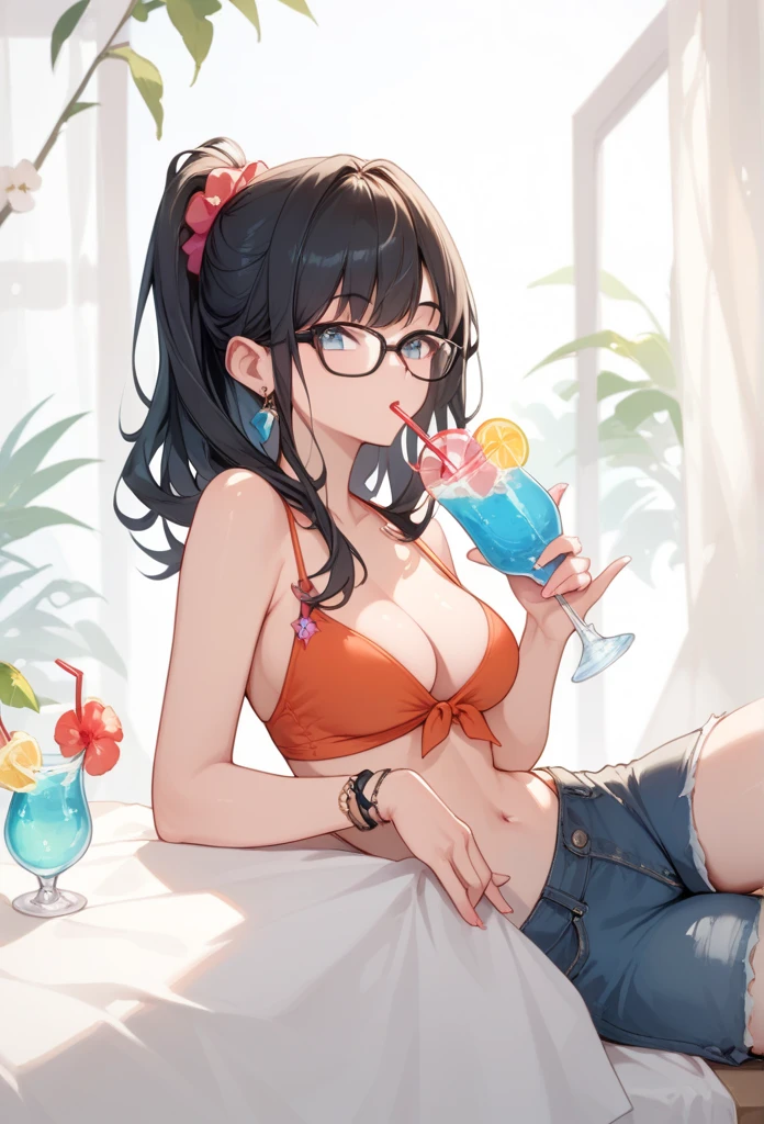 Black hair, glasses, drinking party