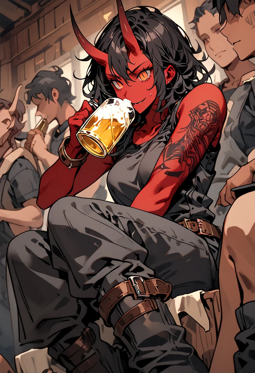 solo focus, female, oni, tomboy, attractive, close up, red skin, short black horns, orange eyes, slit pupils, short black hair, messy hair:0.3, snag tooth, black claws, tattoo, broad shoulders, stocky build, muscular, tight-fitting black tank top, working clothes, boots:0.3, Victorian era, bar, drinking, beer, bulky body, dark, indoors, grimy, wiping sweat, bronze buckle, towel, exhaling, resting, wide smile, faceless crowd, cheering