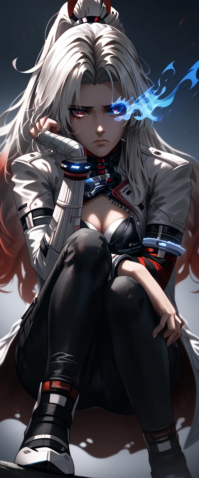 (((double coulored eyes)), hair ornament, heterochromia, blue eyes, red eyes, black sclera, blue flaming eye, solo, white hair, red ribbon, headgear, ponytail, gradient hair, (white coat),bra arm, bandaged arm BREAK detailed shading, black pants, single pantsleg, full body visible , social media composition siting on the bench, perspective, masterpiece, accurate, anatomically correct, textured skin, super detail, high details, high quality, best quality, highres, 16k, HD, UHD, unaestheticXL_bp5, (negative_v2 Color_Balance_Calibration:0.8), (SuperQuality:1.0) ~ (SuperQuality:1.2), AissistXLv2, badhandv4, elegance, same as v1.0, sheathed, katana (( sad, gloomy, melancholic, and somber atmosphere, memories of the past, a wide shot, dark place))