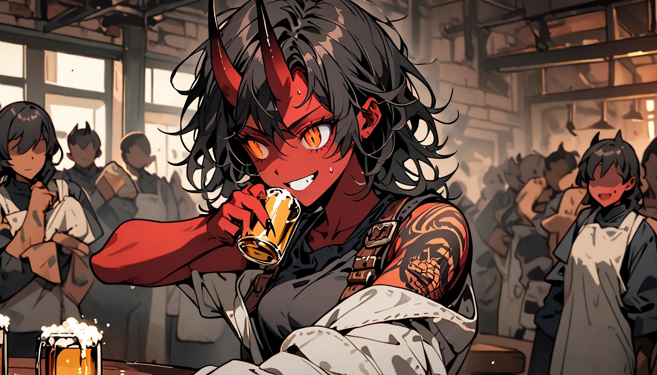 solo focus, female, oni, tomboy, attractive, close up, red skin, short black horns, orange eyes, slit pupils, short black hair, messy hair:0.3, snag tooth, black claws, tattoo, broad shoulders, stocky build, muscular, tight-fitting black tank top, working clothes, boots:0.3, Victorian era, bar, drinking, beer, bulky body, dark, indoors, grimy, wiping sweat, bronze buckle, towel, exhaling, resting, wide smile, faceless crowd, cheering