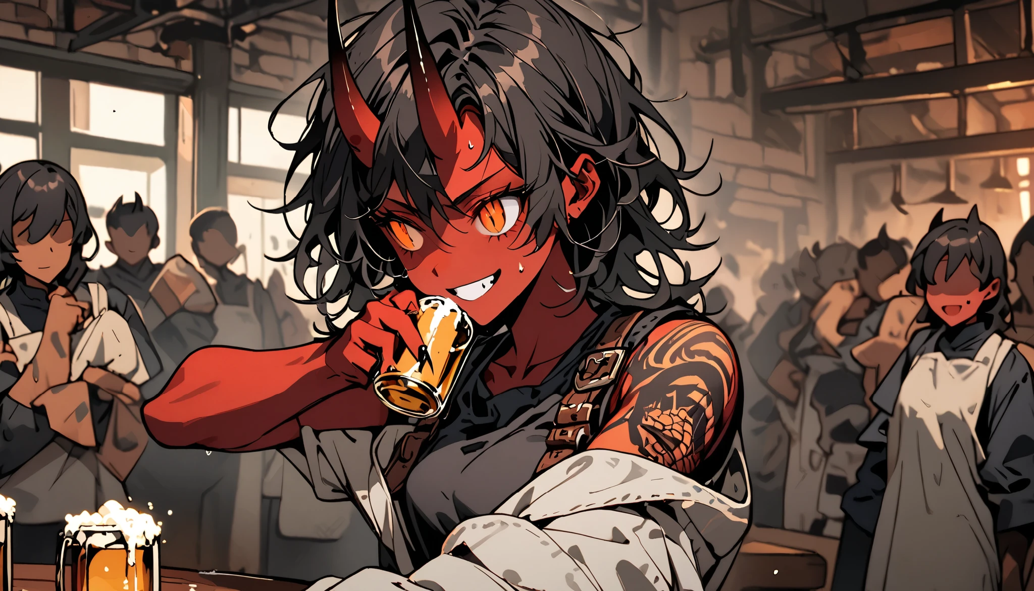 solo focus, female, oni, tomboy, attractive, close up, red skin, short black horns, orange eyes, slit pupils, short black hair, messy hair:0.3, snag tooth, black claws, tattoo, broad shoulders, stocky build, muscular, tight-fitting black tank top, working clothes, boots:0.3, Victorian era, bar, drinking, beer, bulky body, dark, indoors, grimy, wiping sweat, bronze buckle, towel, exhaling, resting, wide smile, faceless crowd, cheering