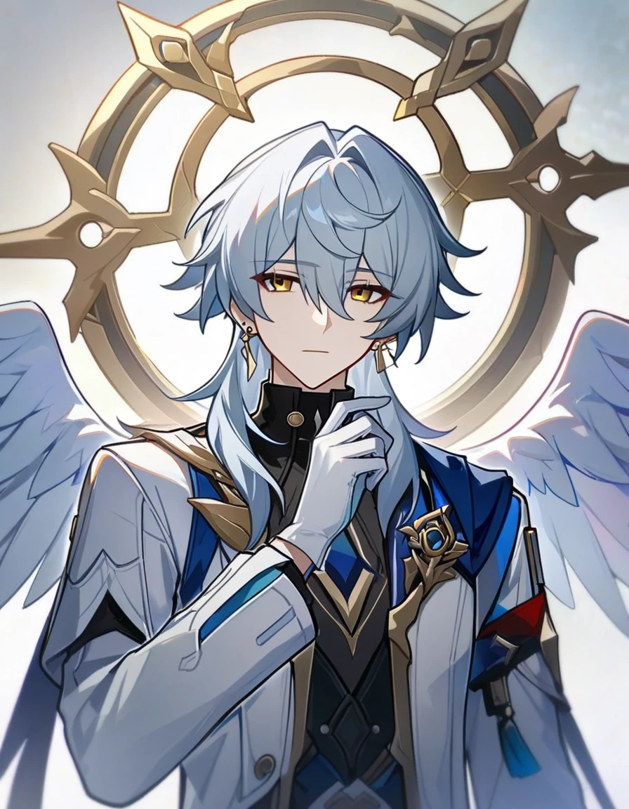 1 male, white hair, sunday(honkai:star_rail) clothes, (best quality,4k,highres,masterpiece:1.2), teenager, expressionless, emotionless, white_gloves, jacket, eyelashes, simple_background, halo, wings, white_background, feathered_wings, 1boy, upper_body, male_focus, earrings, star background