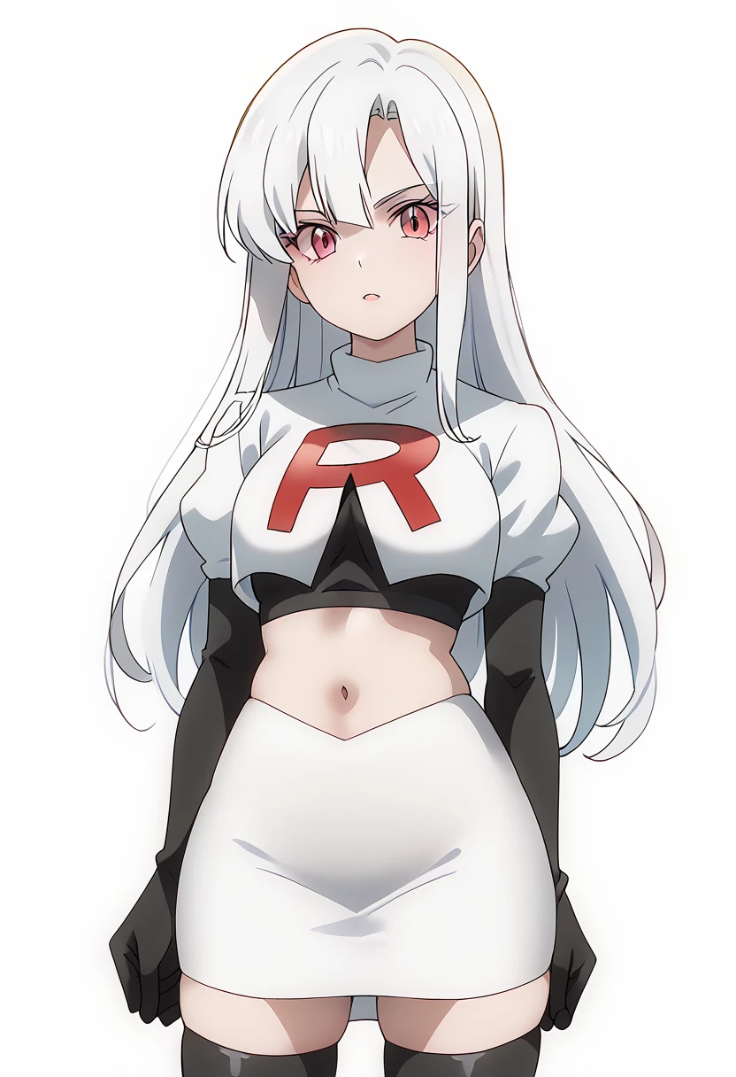 score_9_up,score_8_up,score_7_up,DL_MS,1girl,solo,white hair,bangs,looking at viewer,long hair,pink eyes,cowboy_shot,white_background,simple_background,team rocket,team rocket uniform,white skirt,red letter R,crop top,black thigh-highs,black elbow gloves