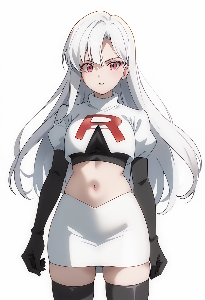 score_9_up,score_8_up,score_7_up,DL_MS,1girl,solo,white hair,bangs,looking at viewer,long hair,pink eyes,cowboy_shot,white_background,simple_background,team rocket,team rocket uniform,white skirt,red letter R,crop top,black thigh-highs,black elbow gloves