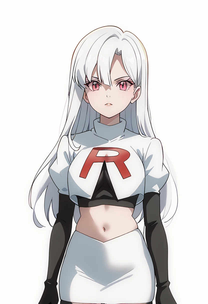 score_9_up,score_8_up,score_7_up,DL_MS,1girl,solo,white hair,bangs,looking at viewer,long hair,pink eyes,cowboy_shot,white_background,simple_background,team rocket,team rocket uniform,white skirt,red letter R,crop top,black thigh-highs,black elbow gloves