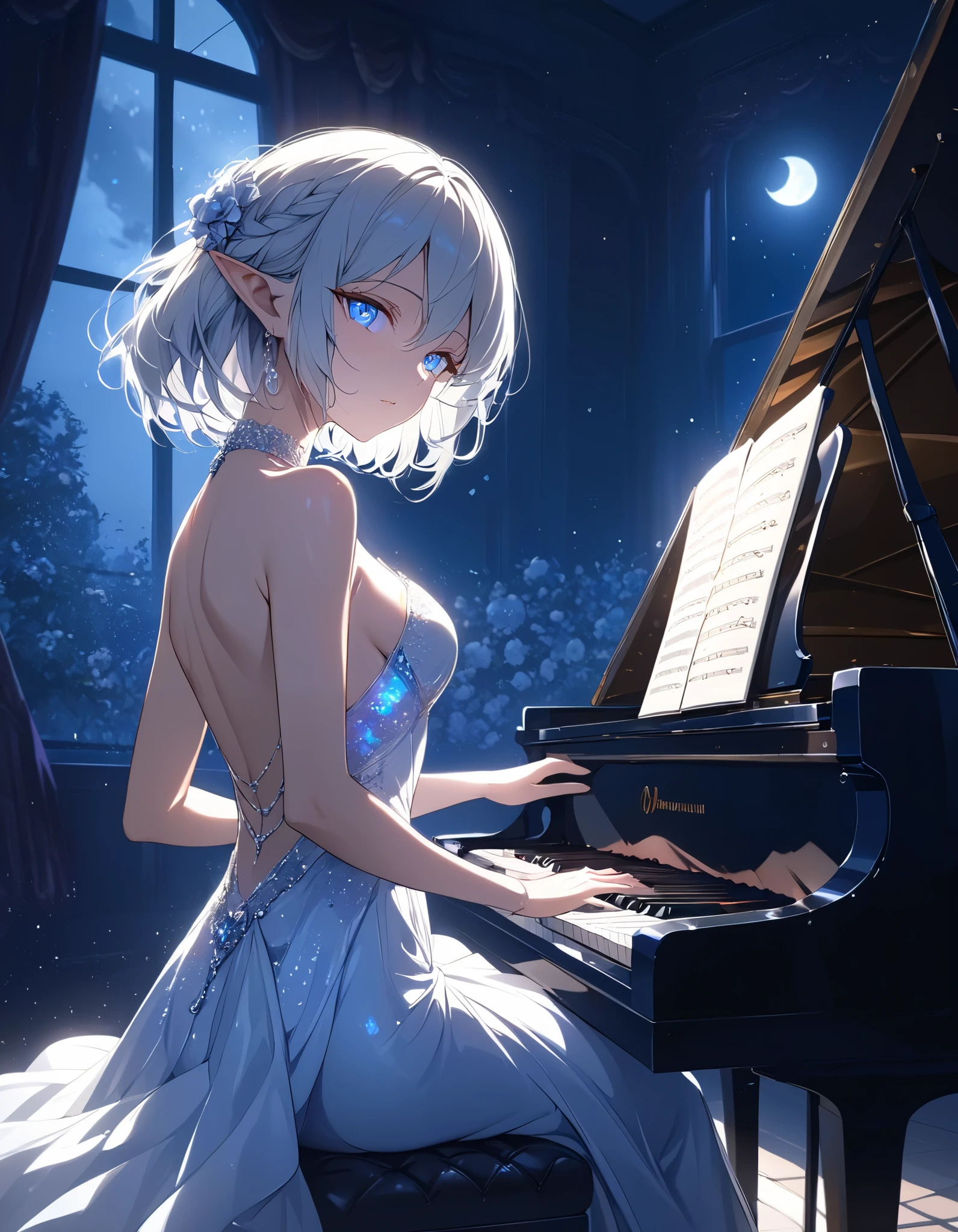 ((Best quality, 8k, Masterpiece: 1.3)), Sharp focus A beautiful woman with perfect body, Highly detailed face and skin texture, (Detailed eyes), silver hair, medium hair, jewelry, pointy ears, cinematic lighting, backlighting, pianist, grand piano, playing piano, Playing Beethoven's "Moonlight", concert venue, Evening gown, dress, Silk costume, Solo Performance, Quiet atmosphere, moonlight pouring in through the window, at night