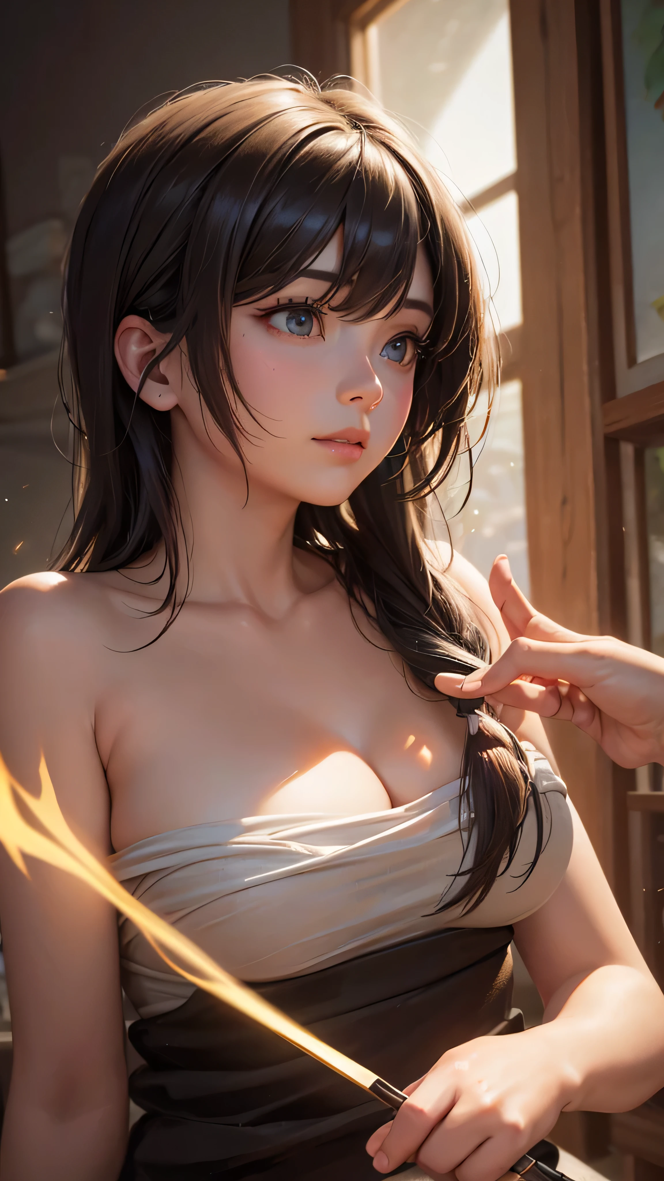 ( RAW photos ,  top quality ),(oil painting - realistic :1.3), top quality , very detailed,masterpiece, ultra detail, illustration, 1 girl,upper _body,dynamic angle,world masterpiece theater,Messy_length_hair, top quality ,  very detailed CG Unity 8k wallpaper ,ink, amazing on the beach, cinematic lighting,lens_Flare,dunhuang_ style for stilets,